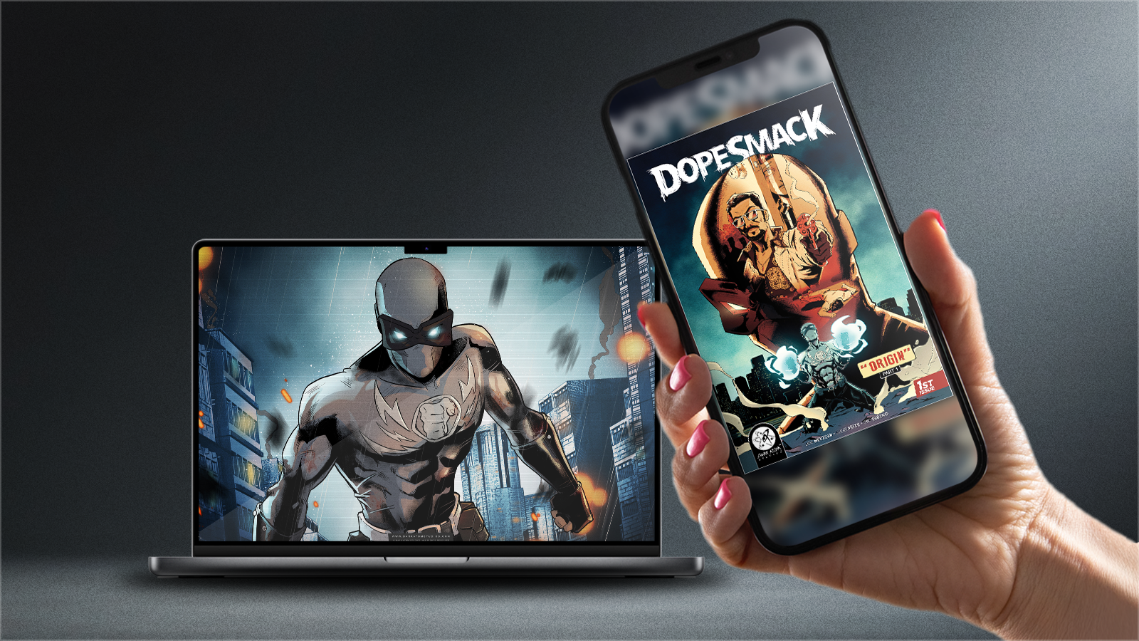 DopeSmack™ digital comic issues displayed on mobile phone and desktop screen