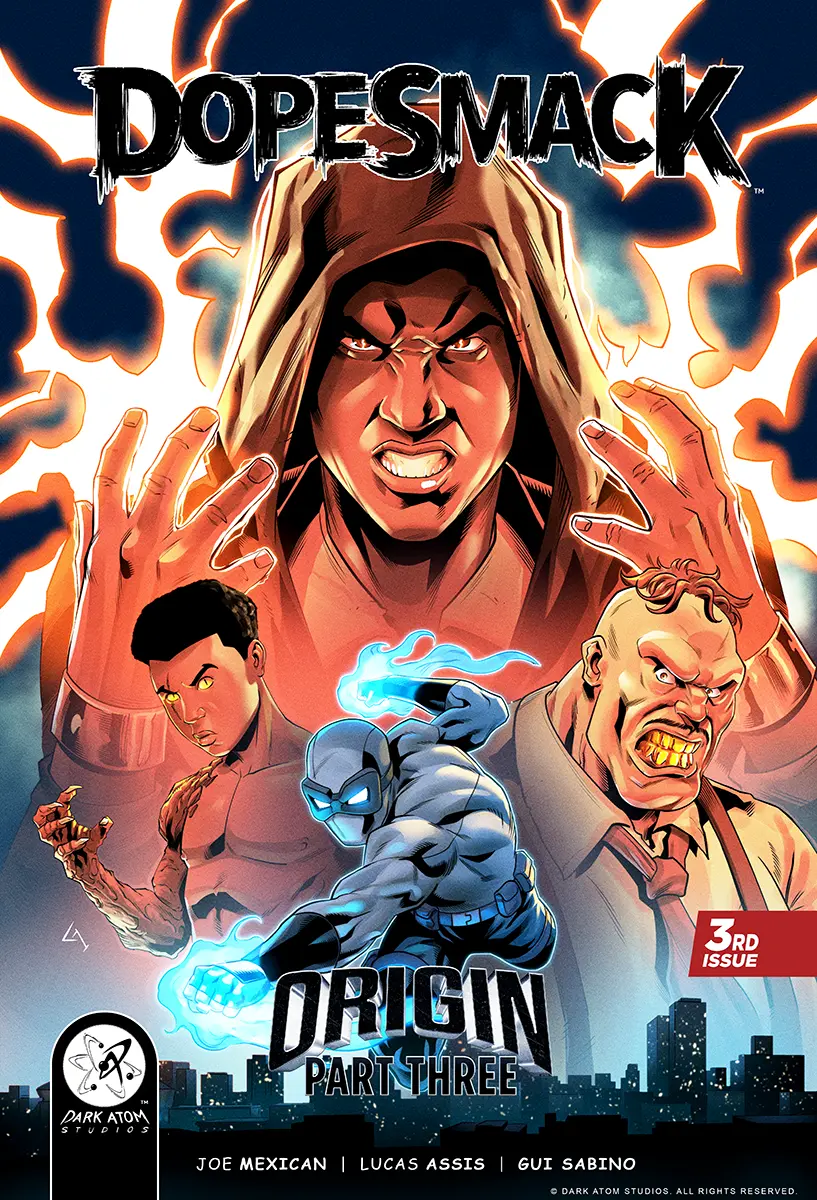 DopeSmack™ Origin Part Three comic book cover featuring DopeSmack with Electrum, El Catracho, and Gator in dramatic action artwork.
