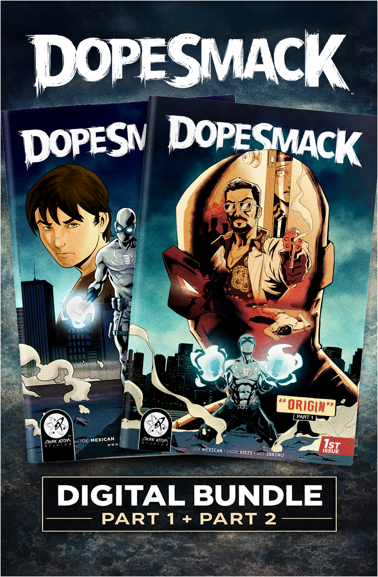 DopeSmack digital comic bundle featuring Origin Part One and Origin Part Two from the Dark Atom Universe™