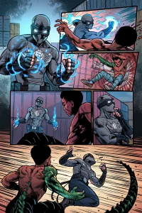 DopeSmack™ fighting Gator™ in a shipyard battle while comic panels show the hero using his blue energy powers in a teaser from DopeSmack: Origin Part Three.