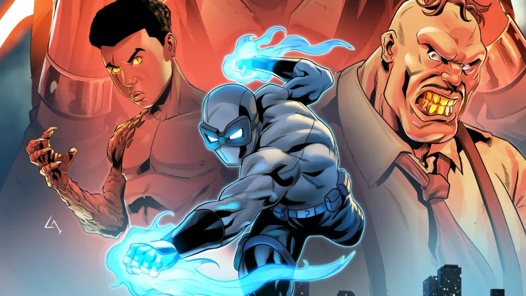 DopeSmack™ unleashing blue energy with villains Gator™ and El Catracho looming behind him in artwork for DopeSmack Origin Part Three.