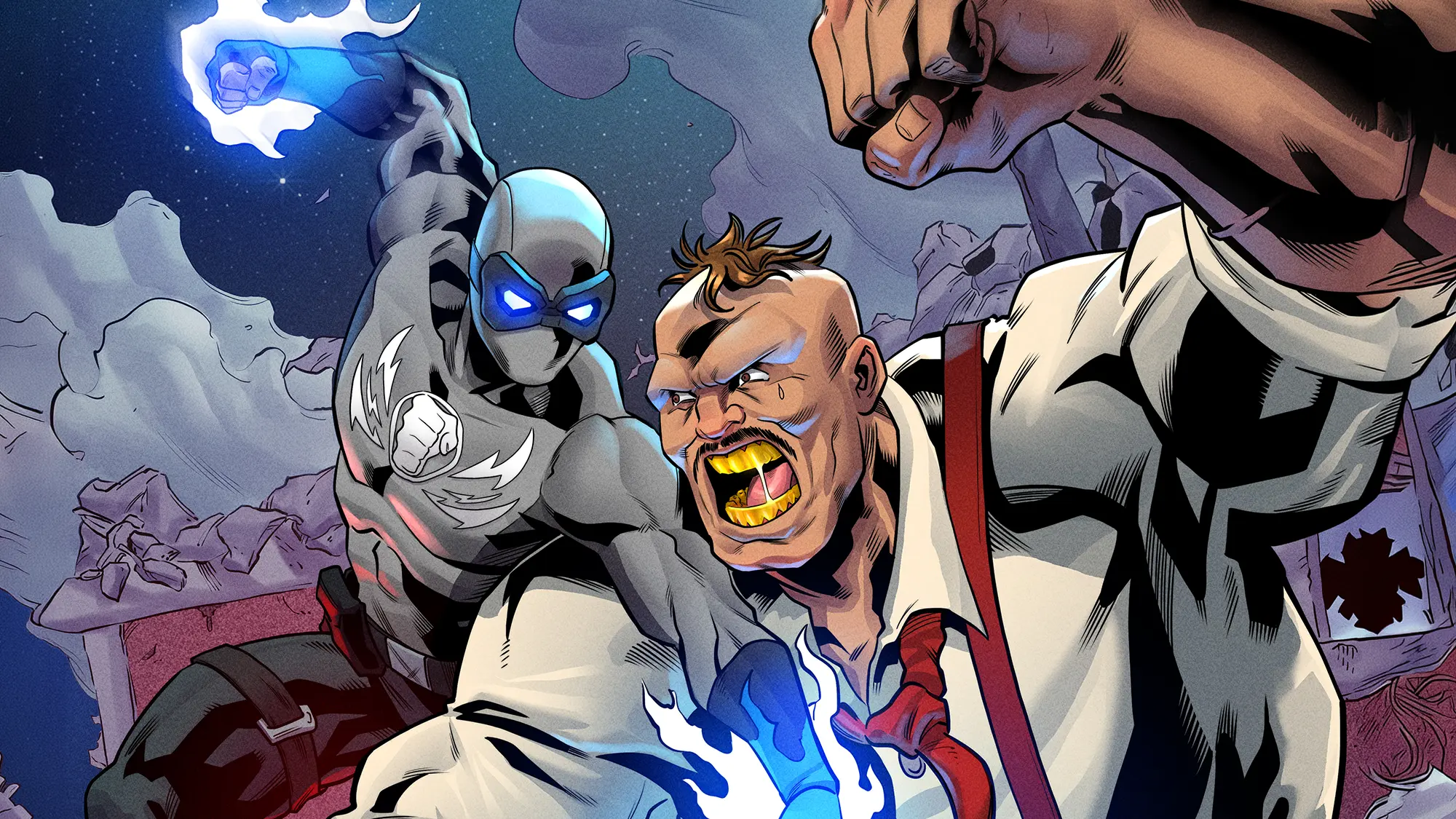 DopeSmack™ attacking the villain El Catracho during a rooftop battle scene from DopeSmack: Origin Part Two.