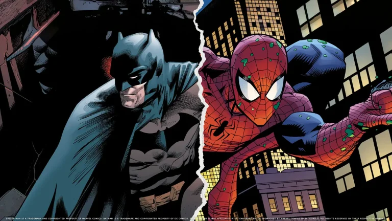 Batman and Spider-Man comic style split image with jagged tear down the middle, dark Gotham tones on the left and bright city skyline on the right