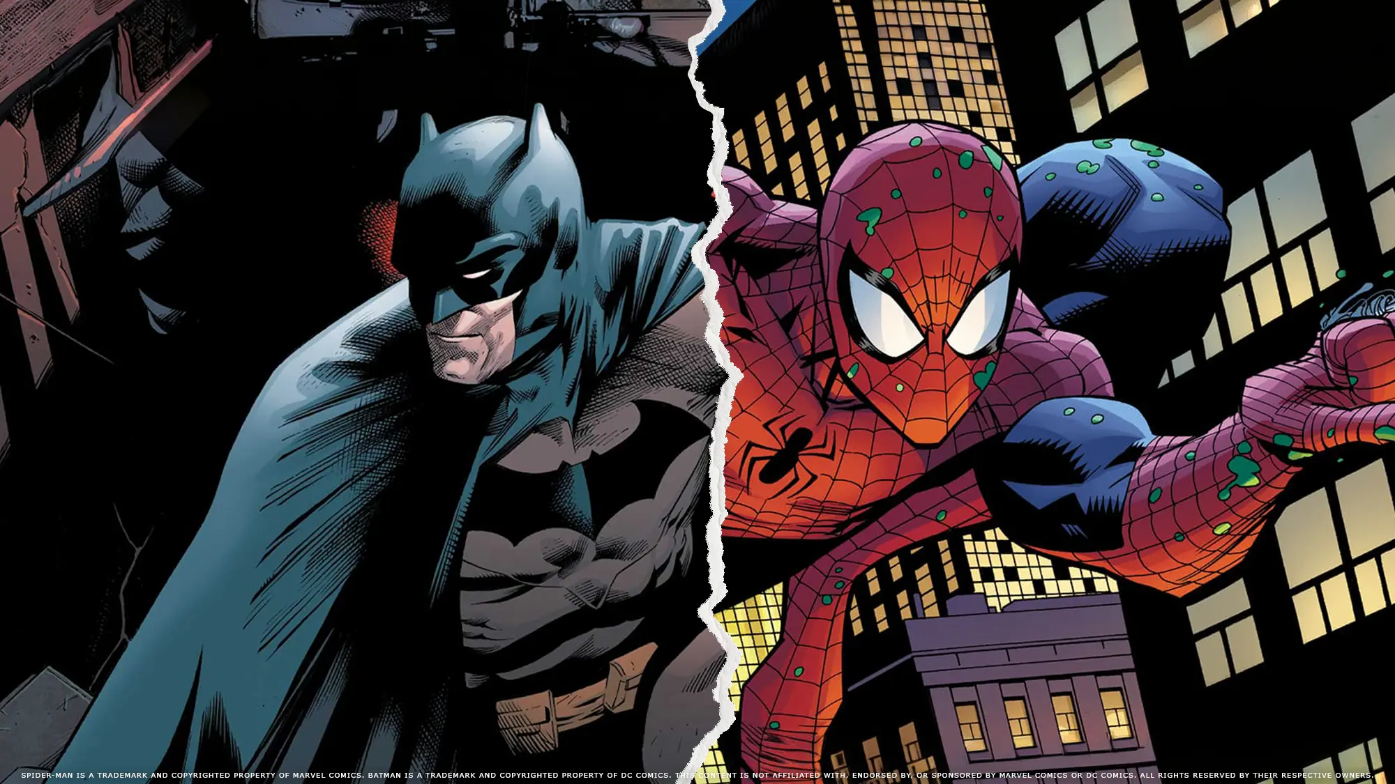 Batman and Spider-Man comic style split image with jagged tear down the middle, dark Gotham tones on the left and bright city skyline on the right