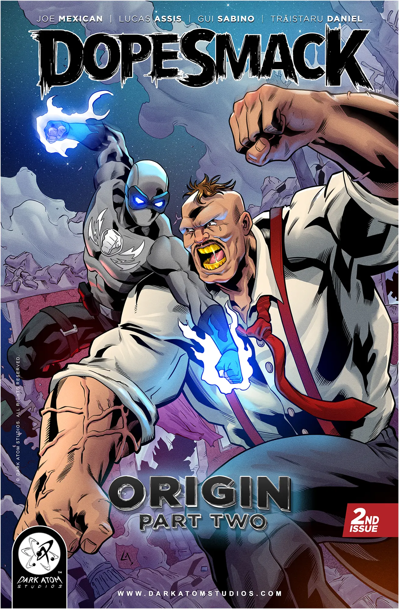 DopeSmack Origin Part Two 181 variant comic cover featuring New Orleans' superhero DopeSmack™ attacking El Catracho with glowing blue energy.