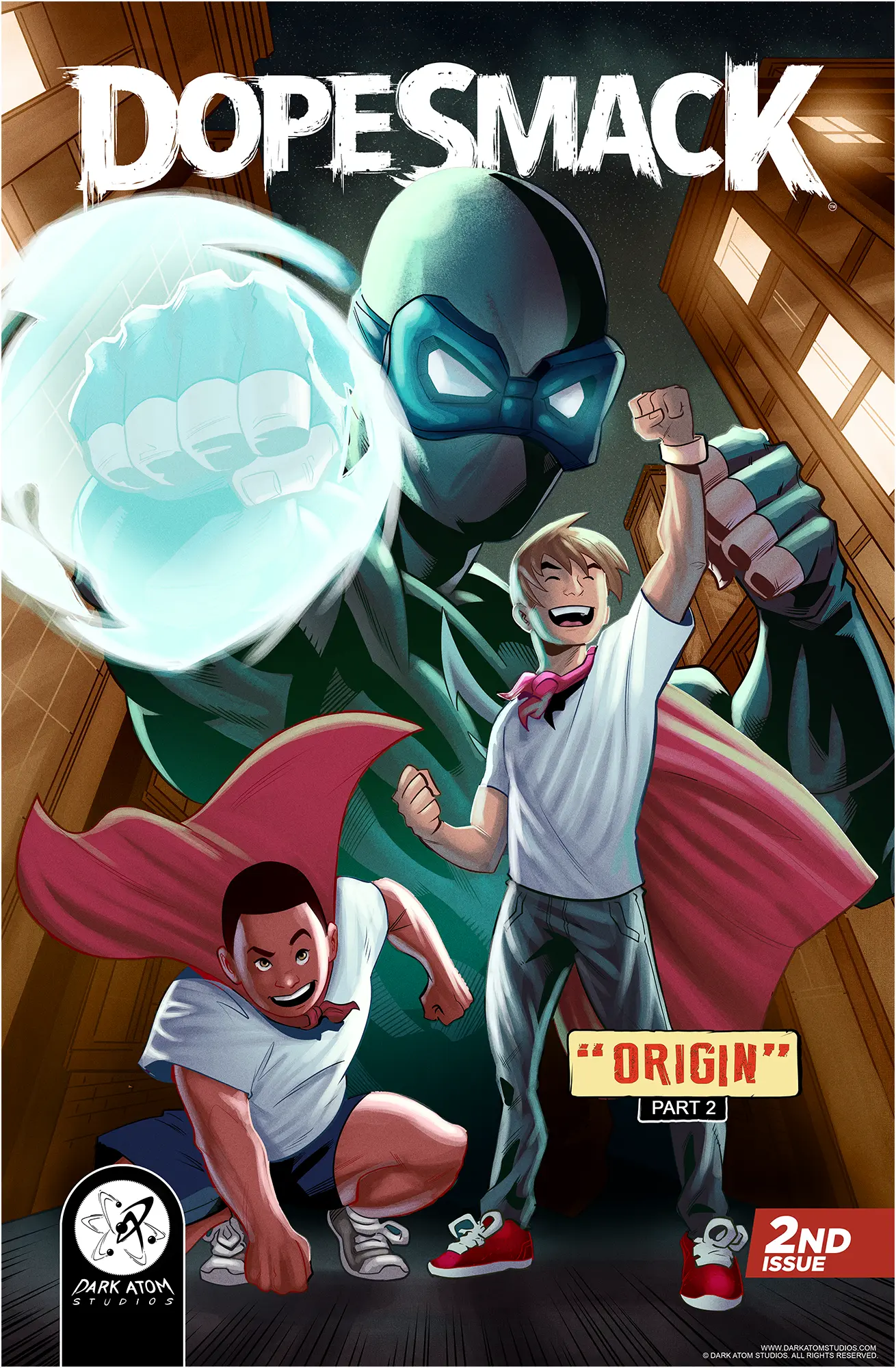 DopeSmack: Origin Part Two - Toon Variant comic cover featuring a stylized cartoon version of DopeSmack™ with young Alex Santos AKA DopeSmack and His best friend Buddy, standing heroically in a city street at night.