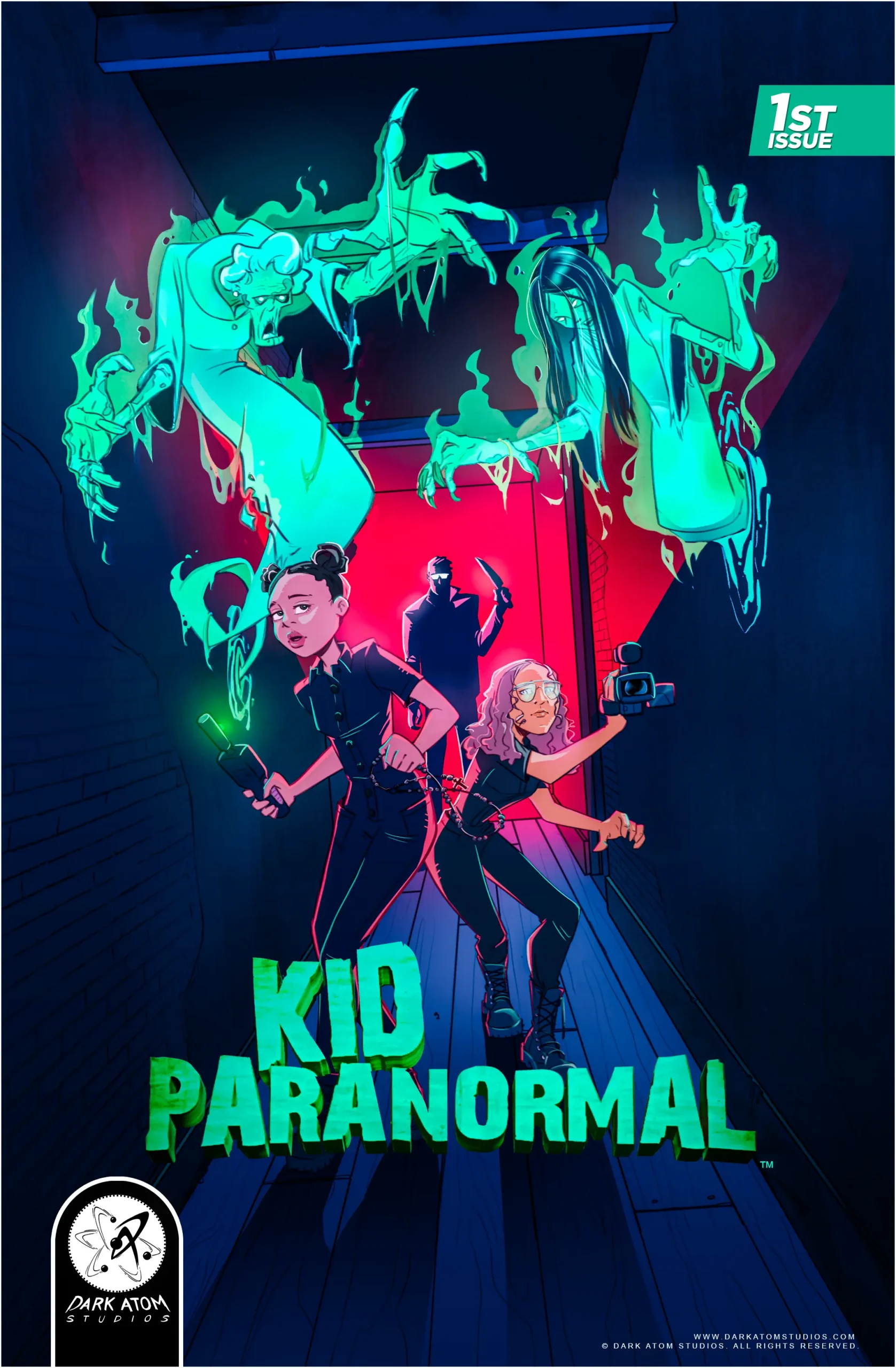 Kid Paranormal™ Issue 1 comic cover featuring young ghost hunter Adie and her friend Lilly investigating a haunted hallway while glowing ghosts emerge from the ceiling and a shadowy killer appears in the doorway