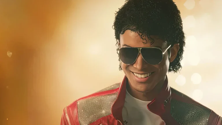 Jaafar Jackson portraying Michael Jackson in the 2026 biopic Michael wearing red jacket and aviator sunglasses