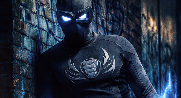 Close up cinematic image of DopeSmack with glowing blue eyes and energy