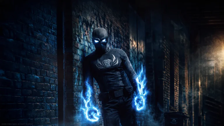 Cinematic teaser image of DopeSmack standing in a dark New Orleans alleyway at night with glowing blue energy surrounding his fists and eyes. The masked superhero wears a black tactical style suit with a silver chest emblem while blue light reflects across the brick walls and drifting smoke in the alley.