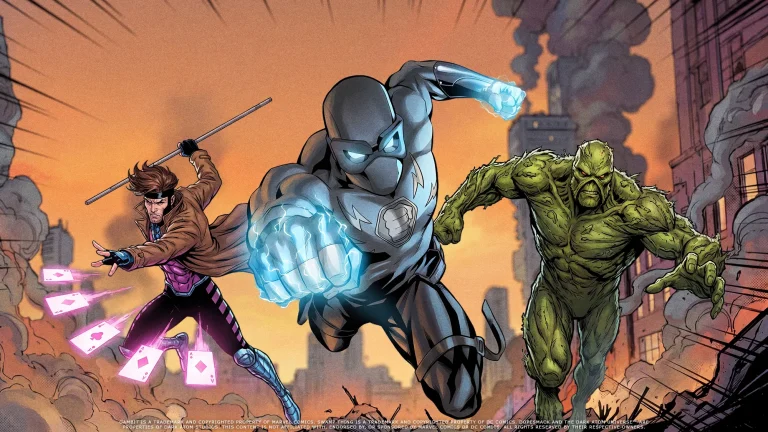 Comic book artwork featuring DopeSmack running through a destroyed New Orleans style city street alongside Gambit and Swamp Thing during an explosive battle scene with smoke, fire, and glowing powers.
