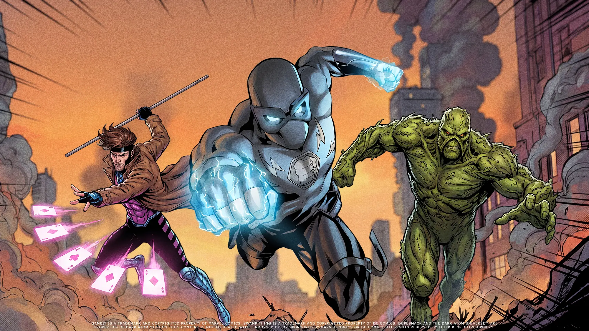 Comic book artwork featuring DopeSmack running through a destroyed New Orleans style city street alongside Gambit and Swamp Thing during an explosive battle scene with smoke, fire, and glowing powers.