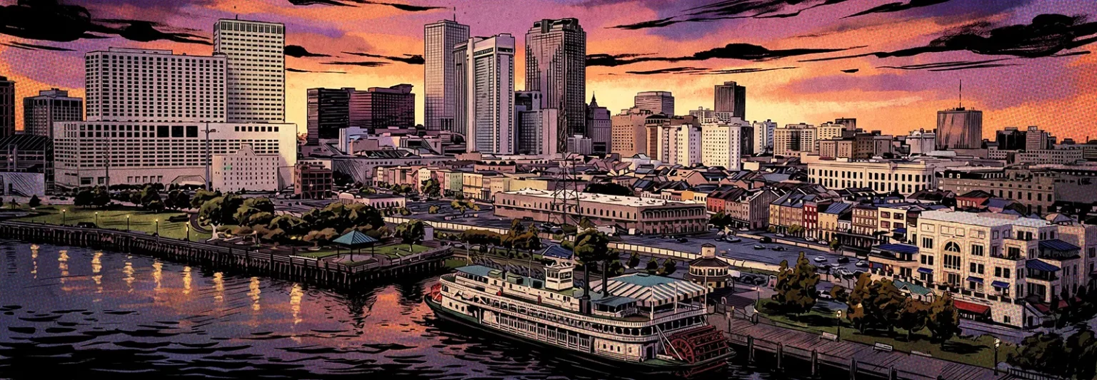 Comic style panoramic artwork of the New Orleans skyline at sunset overlooking the Mississippi River with a riverboat docked near the waterfront.
