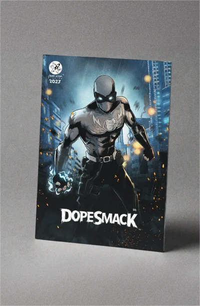 DopeSmack collector card featuring the superhero DopeSmack in his bulletproof suit with glowing blue energy.