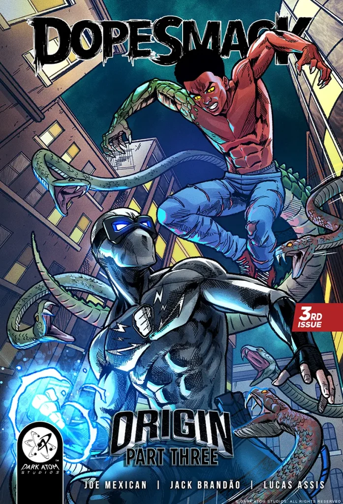 DopeSmack Origin Part Three Mortal Enemies variant cover featuring DopeSmack battling a reptilian-powered opponent surrounded by attacking snakes in a nighttime city scene.
