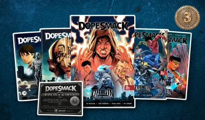 DopeSmack Dark Atom Collector reward bundle featuring Origin Parts One, Two and Three, two Part Three variant covers, a Certificate of Authenticity, and bronze Dark Atom Collector seal.