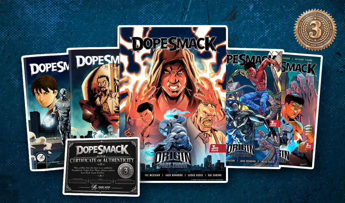 The Dark Atom Collector reward brings together the DopeSmack origin comics, Part Three variants, collector certificate, and exclusive bronze Dark Atom Collector seal.