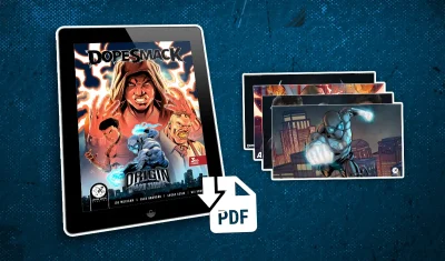 DopeSmack Origin Part Three Digital Drop reward showing the comic on a tablet, a downloadable PDF icon, and bonus digital artwork and wallpapers.