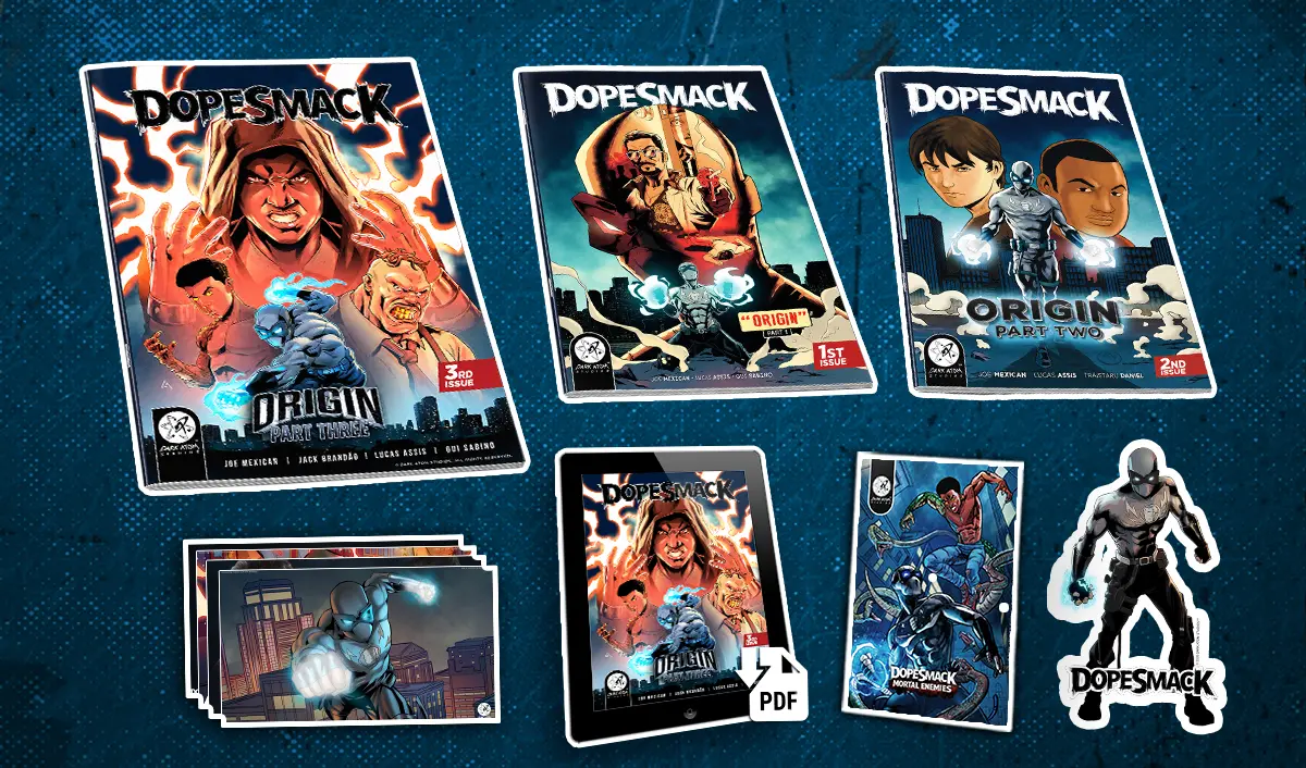 The Origin Run bundle includes DopeSmack Origin Parts One, Two, and Three, plus a digital edition, exclusive trading card, 5x3 vinyl sticker, and bonus digital extras.