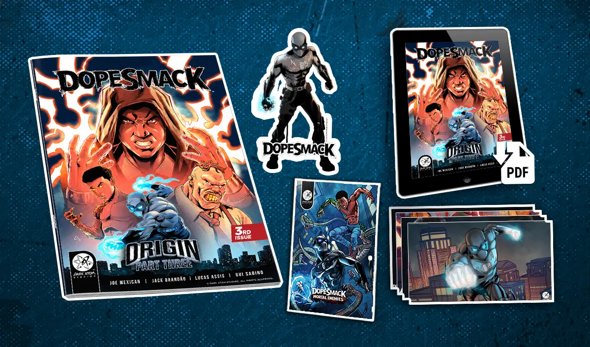 The Street Level reward bundle includes DopeSmack Origin Part Three in print, a 5x3 vinyl sticker, exclusive trading card, digital PDF edition, and bonus digital extras.