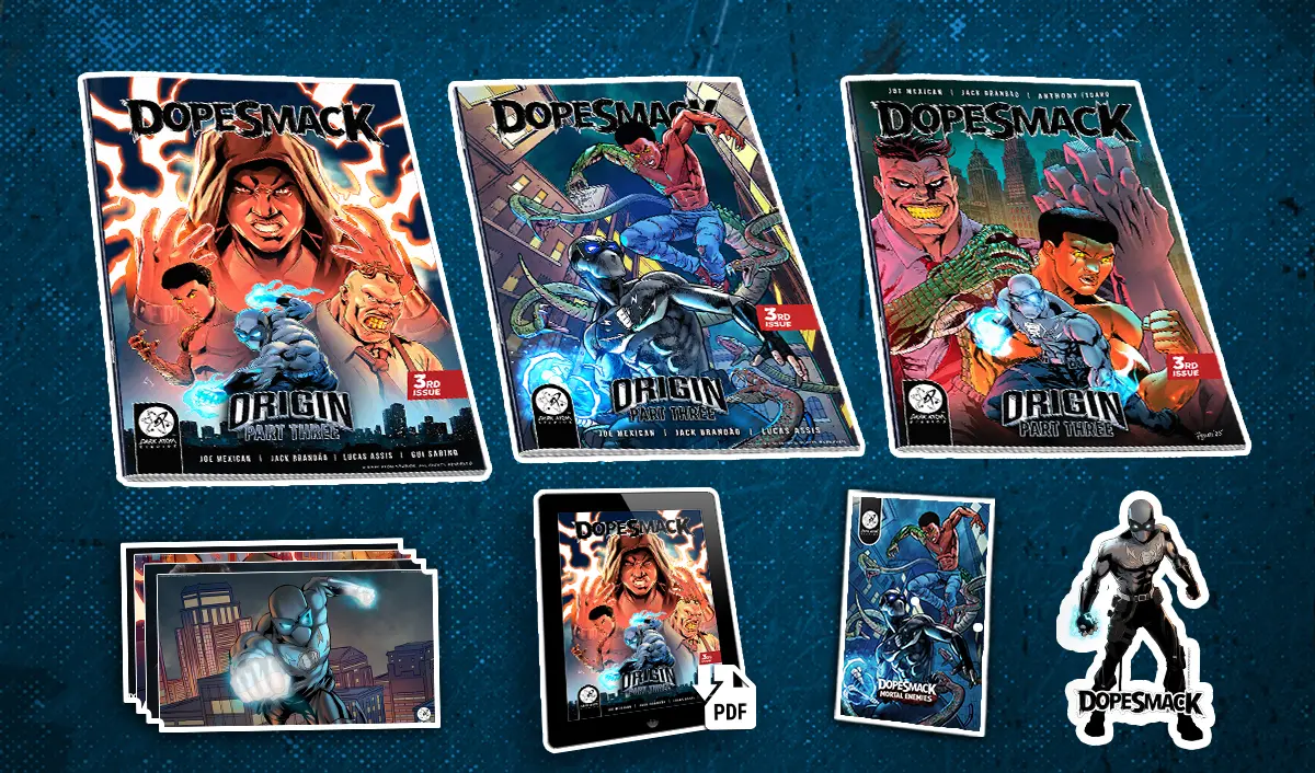 The Variant Hunter bundle includes all three DopeSmack Origin Part Three covers, plus the digital edition, exclusive trading card, 5x3 vinyl sticker, and bonus digital extras.